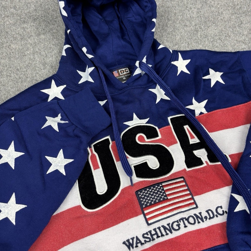 USA Washington DC Hoodie Mens Medium American Flag Stars Patriotic Pullover Blue